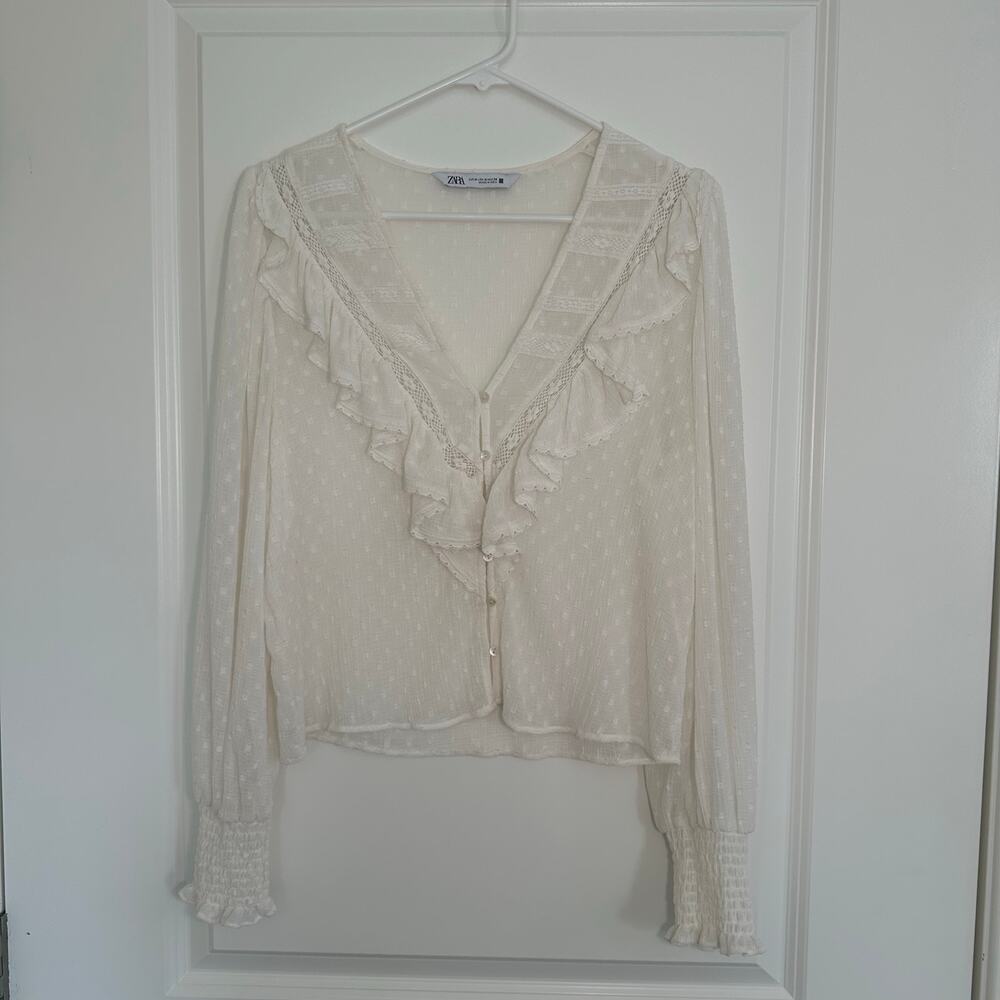 Zara White Ruffled Bib Collar Deep V Neck Romantic Bohemian Flowy Size M